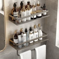 Bathroom Accessories Shelf Organizer Shower Storage Rack Gray Wall Mounted Space Aluminum Toilet Shampoo Holder Shelves 30-50CM