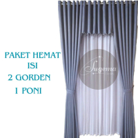 Paket 2 Gorden 1 Poni Blackout Satu Set Jendela Pintu Ruang Tamu Tebal Anti Cahaya Abu Abu