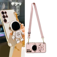 Plating Astronaut Bracket Crossbody Lanyard Soft Case For Samsung Galaxy S23 S22 S21 Ultra S20 FE S10 Plus Note 20 Holder Cover