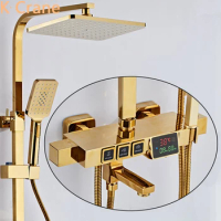 LED Digital Shower Set Bathroom Gold Shower System Wall Mount Square Head Bath Faucet Thermostatic Black Copper Tap Shower Kit