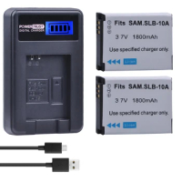 2Pcs SLB-10A SLB10A SLB 10A Camera Battery + LCD USB Charger for Samsung EX2F WB150F WB250F WB350F WB750 WB800F WB500 WB550 HZ10