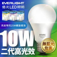 【Everlight 億光】1入組-二代高光效LED球泡燈10W取代25W螺旋燈泡(白光/自然光/黃光)
