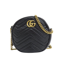 【二手名牌BRAND OFF】GUCCI 古馳 黑色牛皮 Marmont 鍊帶肩背包 圓餅包 550154