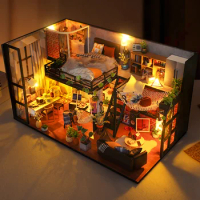 Miniatur Rumah Boneka DIY Dengan Furnitur Model Penutup Debu Musik LED Mainan Blok Bangunan Untuk Anak-anak Hadiah Natal