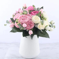 5 Big Head Rose Pink Silk Peony 30cm Artificial Flowers Bouquet 4 Bud Cheap Fake Flowers for Home Wedding Decoration indoor