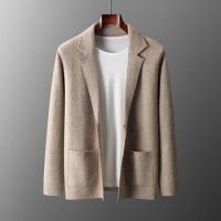 100% Merino Wool Men's Suit Collar Knitted Cardigan Autumn Winter Thickened Solid Color Suit Shirt Cashmere Jacket Sweater