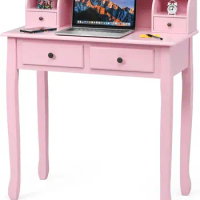 Small Writing Desk w/ Removable Hutch, 2-Tier Vanity Table w/ 4 Drawers, 3 Cubbies &amp; Pine Wood Legs, Study Computer Desk (Pink)