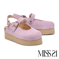 【MISS 21】復古率性牛麂皮瑪莉珍繫帶大頭厚底鞋(紫)