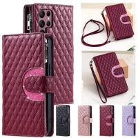 Long Lanyard Zipper Wallet Phone Case for Samsung Galaxy S24 Ultra S23 FE S22 Plus S21 S20 Note 20 10 9 Flip Leather Cover Coque