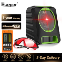 Huepar Self-leveling Red Beam Cross Line Laser Level+LR635 Red Beam Digital Laser Receiver+Red Laser Enhancement Glasses