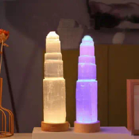 Natural Stones Tower Crystal Quartz Crafts Night Light White Selenite Lamp for Gift 1set