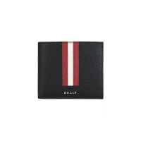 【BALLY】TVEYE 銀字金屬LOGO紅白條紋粒面牛皮10卡對折短夾(黑)