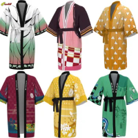 Adult Kids Demon Women Men Slayer Kochou Shinobu Cosplay Kimono Bathrobe Kamado Tanjirou Nezuko Short Sleeve Bath Robe Sleepwear
