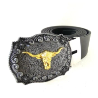 New Fashion Men Accessories Golden Cow Western Gold Longhorn Bull Head Cowboy Belt Buckle Metal Men's PU Leather Belts for Jeans