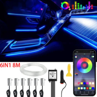 6IN1 8M Neon LED Strip Car Interior Ambient Light App Music Control RGB Fiber Optic EL Wire LED Auto Atmosphere Decorative Lamp
