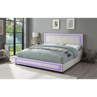 Bed Frame with RGB LED Light,Upholstered Eastern King Size Platform Bed , Storage Bed with 4 Drawers, Beige color fabric