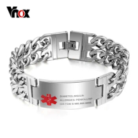 Vnox Men's Medical Alert ID Tag Bracelet Stainless Steel Bangle Wrist Cuba Link Chain Free Engraving