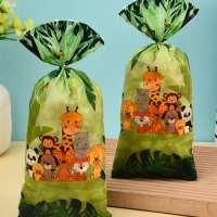 50pcs Green Jungle-style Gift Bag With Gold Ribbon, Cute Lion Tiger Giraffe Animals Printed Small Gift Candy Decorative Bags