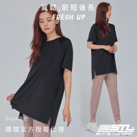 STL 韓國 Fresh Up 抗UV 寬鬆 長版 蓋臀 女 運動機能 短袖上衣 快乾 涼感 前短後長／黑色Black