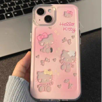 Anime Sanrio Hello Kitty Kawaii Phone Case Cute Cartoon Pink 14 Promax Protective Case Iphone 15/13 All Inclusive 12 Silica Gel