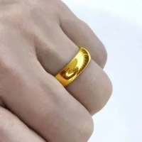 24K Pure Plated Real 18k Yellow Gold 999 24k Plain Smooth Face Personality Money Seeking Couple Ring for Men and Women Coupl