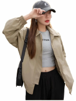 Jaket Wanita Korea Style Cewek Katun Casual Kerah Tinggi Cantik Elegan Remaja Nyaman Retro Bomber Pa