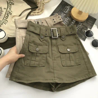 Korean Style High Waist Mini Skirt Women Fashion with Belt Short Culotte Skirts Y2K Streetwear Big Pocket Cargo Skirts