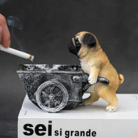 Ashtray Creative Pug Resin Statue Anti-Flying Ash Home Decoration Accessories Cute Pig Animal Sculpture Ashtray Crafts Ornaments