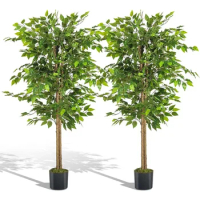2Packs Fake Ficus Tree Plant With Warm White LED String Lights Home Garden Decorations Flower Decoration Artificial Plants Decor