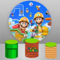 Round Super Mario Bros Backdrop Cover Boys Birthday Party Decoration Cylinder Decor Photography Background Elastic Banner Props