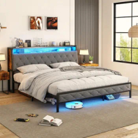 King Size Bed Frame, LED Bed Frame with USB Charging Station for Wooden Storage Headboard, Bed with Under-bed Storage