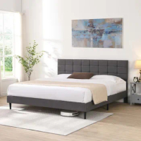 Platform Bed Frame with Fabric Upholstered Headboard and Wooden Slats, No Box Spring Needed/Easy Assembly, Dark Grey King Size