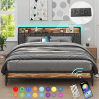 King Size Bed Frame with Storage Headboard and Charging Station,Modern LED Lights Upholstered Platform Bed Heavy Duty Metal Bed