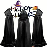 Halloween Costume Satin Black Grim Reaper Cape Cloak Prop with Hat Ghost Festival Adult Cape Costume
