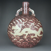 大明宣德釉里紅龍紋雙耳扁瓶花瓶古玩古董陶瓷器仿古老貨收藏品