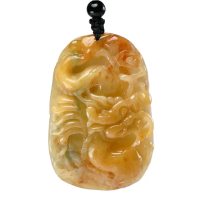 【漢石齋】天然翡翠A貨 護主龍牌玉佩吊墜 黃翡種帶紅翡(35*53*11mm)