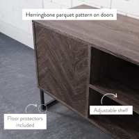 Nathan James Dylan Media Console Cabinet or TV Stand with Doors for Hidden Storage Herringbone Wood Pattern and Metal,