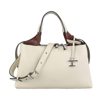 TOD S Bauletto壓印LOGO荔枝紋設計小牛皮拉鍊手提/肩背波士頓包(中/奶油白)