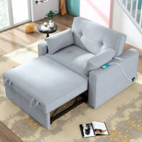48" Convertible Sleeper Sofa Bed, Multi-Functional Adjustable Single Bed Chair with USB Port and 2 Pillows for Small Space