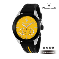 【MASERATI 瑪莎拉蒂 官方直營】Traguardo 長征終站系列三眼手錶 黑色x黃色橡膠錶帶 45MM R8871612045