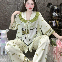 Thương Hiệu Pijama Nữ Mẫu Mới 2025 - Áo Ngủ & Quần Ngủ In Hình Hello Kitty Màu Be Sang Trọng & Thoán