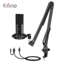 FIFINE USB C&amp;A Gaming Streaming Microphone Kit for PC Computer, Arm Stand Mute Button&amp;Gain,Studio Mic for Podcast Recording-T683