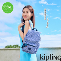 Kipling 藍白時尚幾何圖騰翻蓋式雙肩後背包-EZRA S