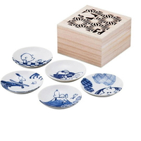 小禮堂 史努比 日製 迷你陶瓷圓盤組 附木盒 醬料盤 小菜盤 小碟 YAMAKA陶瓷 (5入 藍 海浪)