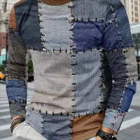 Men's Top T-shirt Fashion 3D Imitation Denim Printed Long Sleeved T-shirt, Men's Fashion, Top