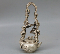 古玩銅器收藏居家裝飾仿古黃銅鍍銀銅酒壺水壺茶壺松鼠長壽手提壺