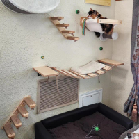 Cat Wall Playground Cat Tree Wooden Wall Mounted Climbing Shelves Cat Hammock with Sisal Ladder Pet Indoor Furniture for Kitten