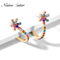 Rainbow Crystal Flower Shape Stud Earrings for Girls Women Ladies Love Christmas Gift Crystal Earings Jewelry Colorful Stone