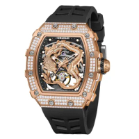 OBLVLO Men Automatic Watch Diamonds Tonneau Mechanical Wristwatch Hollow Out Dragon Dial Sapphire Waterproof Luminous