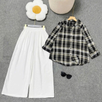 Set đồ Nữ Bigsize  áo sơ mi kẻ caro form rộng phối quần suông vải đũi vân mây cho nàng Chuppy SM182+